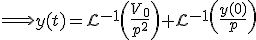 \Longrightarrow y(t)=\mathcal{L}^{-1}\left(\frac{V_{0}}{p^{2}}\right)+\mathcal{L}^{-1}\left(\frac{y(0)}{p}\right)